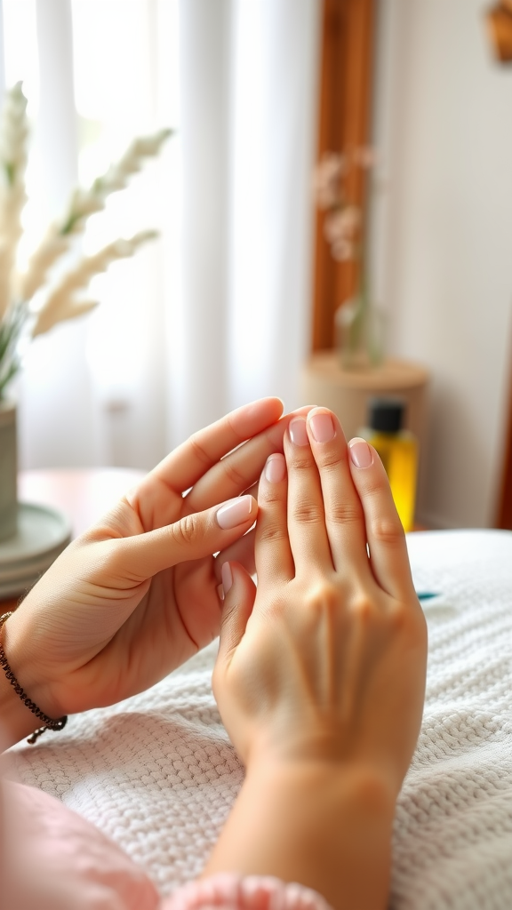 Close-up of hands with gel manicured nails, showcasing nail care