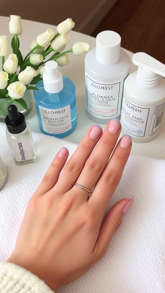 A close-up of a hand with shellac nails, surrounded by nail care products and flowers.