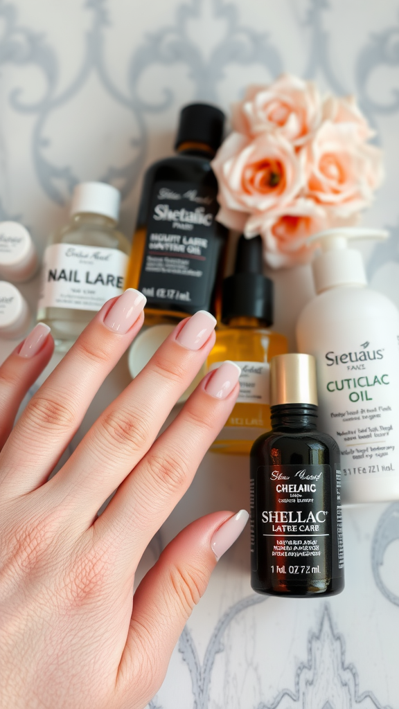 A hand with shellac nails next to various nail care products and a bouquet of roses.