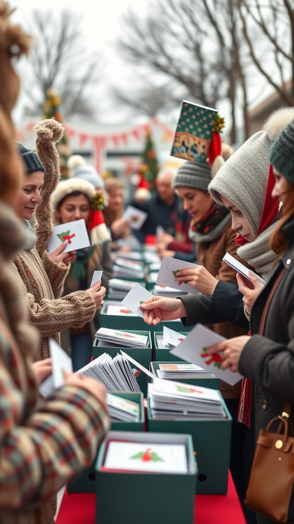 People writing caring messages on cards for the less fortunate during a festive event.