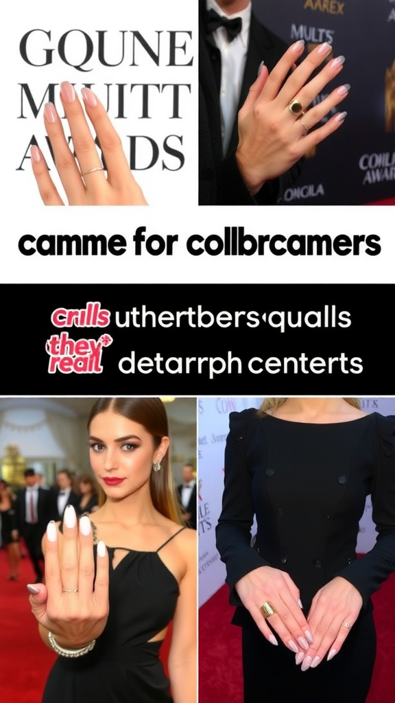 A collage of celebrity hands showcasing different nail shapes, including square and almond nails.