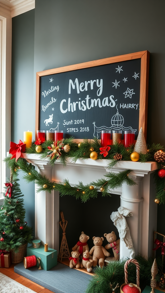 A decorated fireplace with a chalkboard saying 'Merry Christmas', surrounded by festive decorations and a Christmas tree.