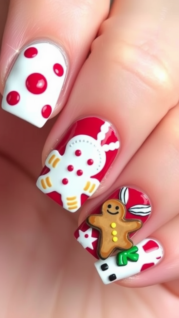 Colorful Christmas-themed nail art featuring gingerbread men and red polka dots.