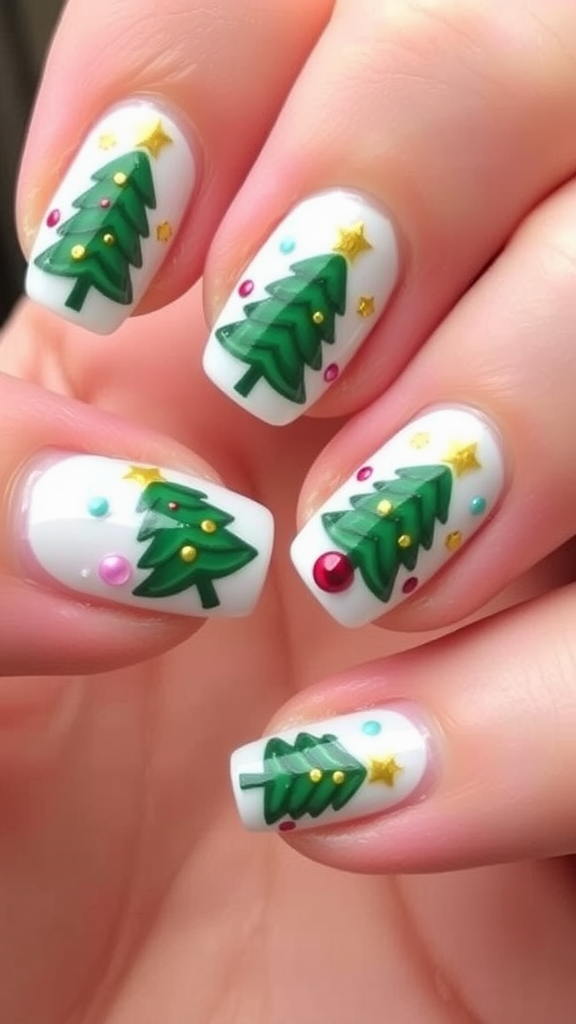 Nail art featuring cute Christmas tree designs with ornaments