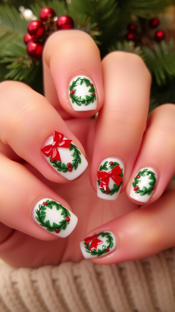 Christmas-themed nail art featuring wreaths and bows