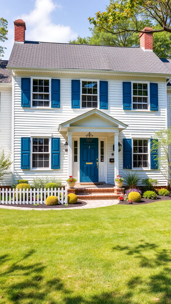 A charming colonial home with blue shutters, a bright front door, and a well-manicured lawn.