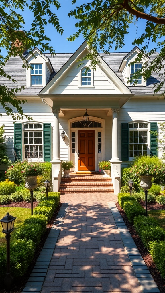 A beautiful Colonial style home with a welcoming front porch and lush garden