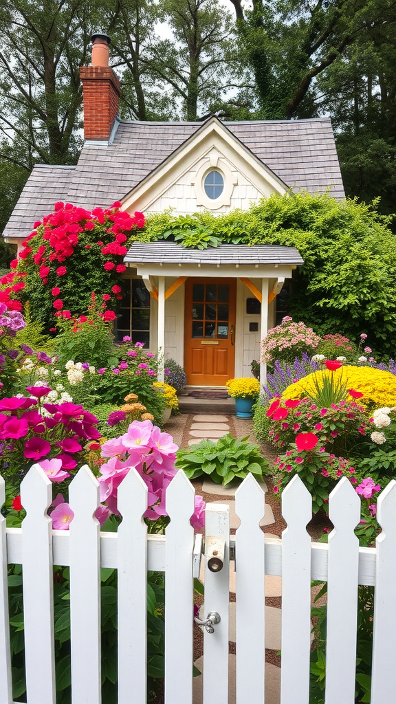 A charming cottage garden with colorful flowers and a welcoming entrance.