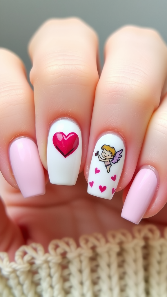 A close-up of charming nail designs featuring hearts and a cute cupid illustration.