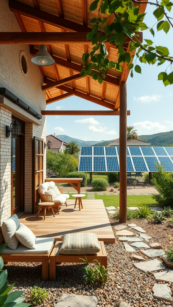 A charming eco villa with a wooden porch, seating area, and solar panels in the background.