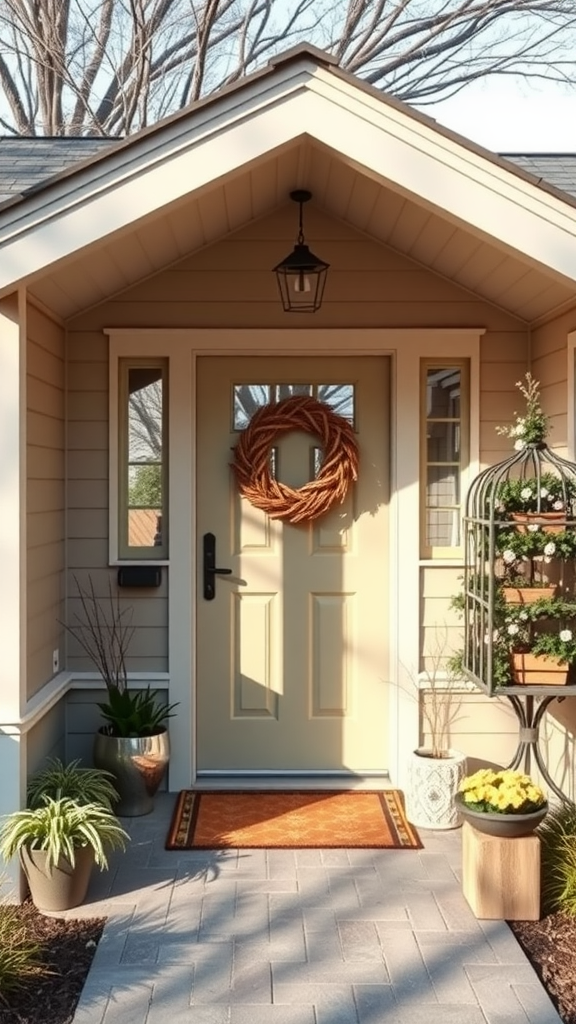 A charming entryway featuring a light-colored door with a wreath, potted plants, and a welcome mat.