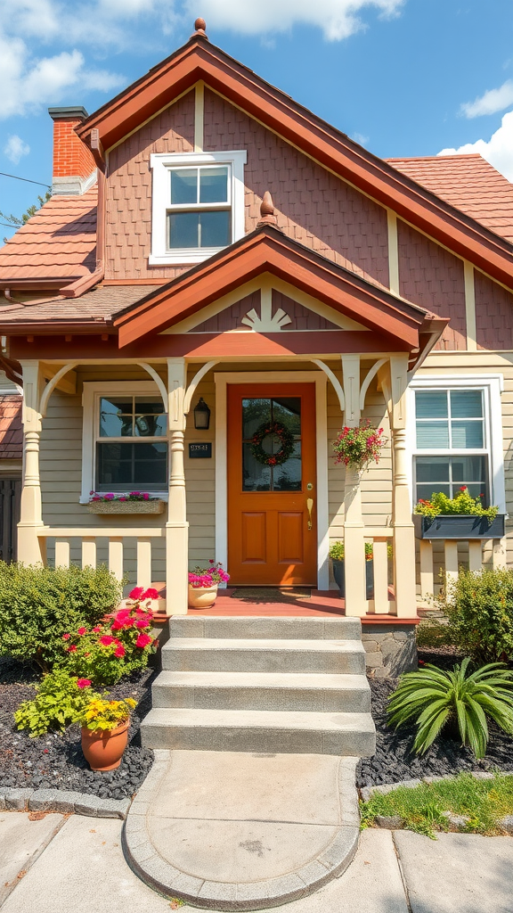 Charming facade of a compact house with colorful flowers and decorative features.