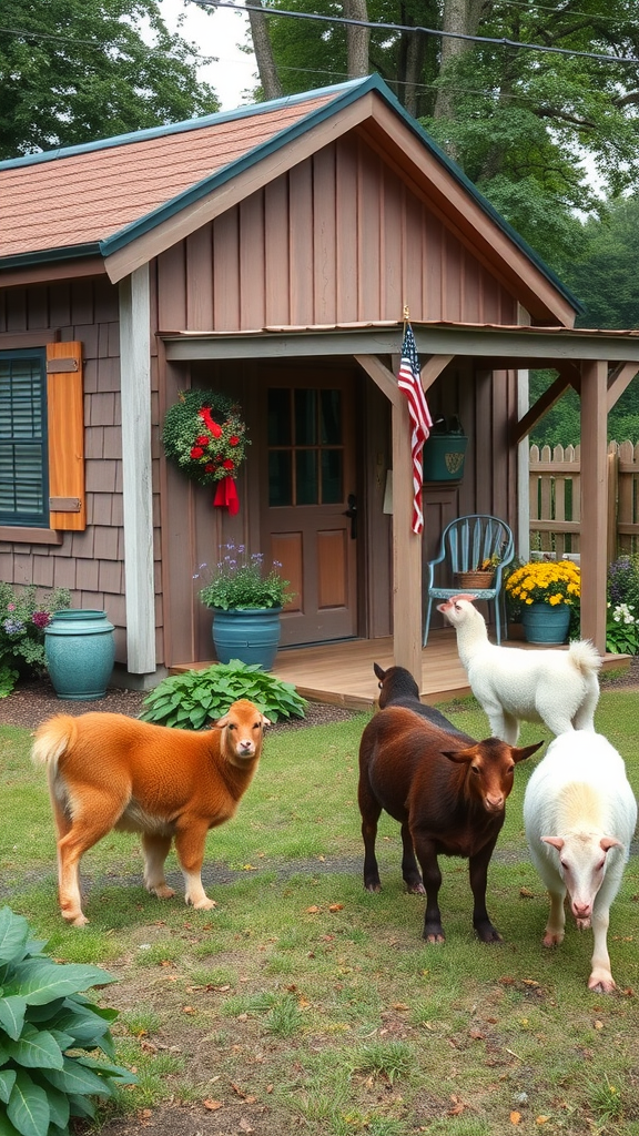 A cozy cabin with colorful goats in front, surrounded by greenery.