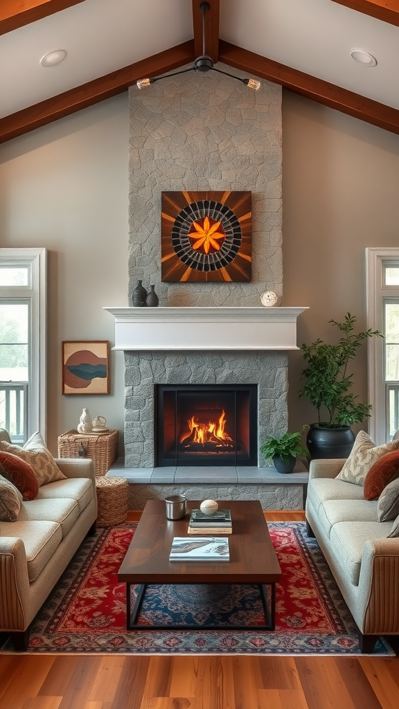 A cozy living room featuring a stone fireplace, comfortable sofas, and decorative elements.