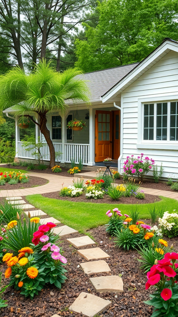 A charming garden with colorful flowers and a stone pathway leading to a white house.