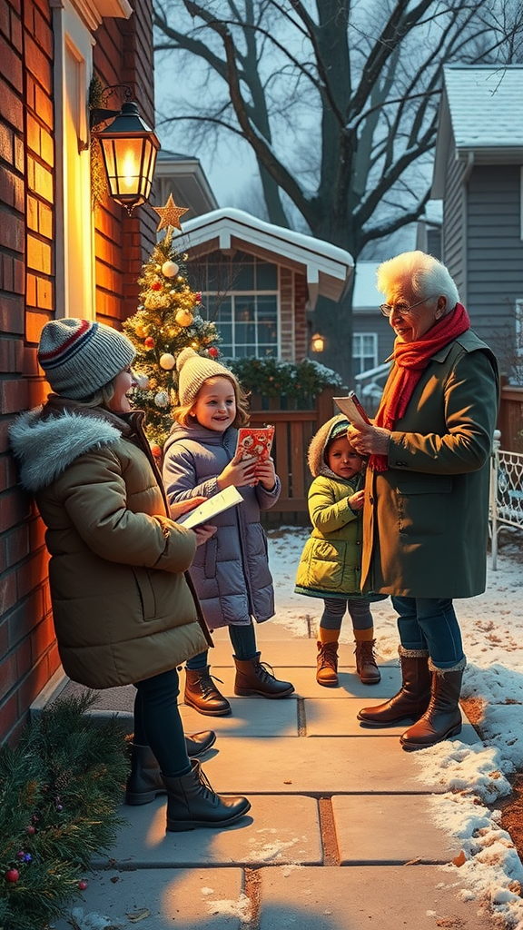 Children singing carols to an elderly woman outside a house decorated for Christmas.