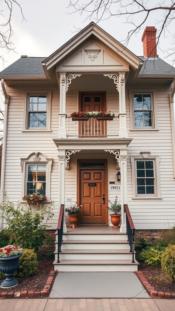 Charming historic home with a welcoming porch and flower planters.