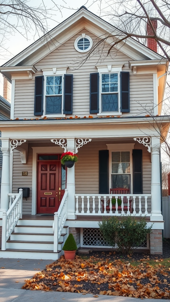 Charming historical home with a red door and decorative porch