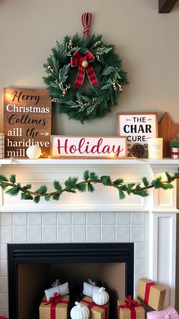 A cozy holiday display featuring a wreath, charming signs, and wrapped gifts.