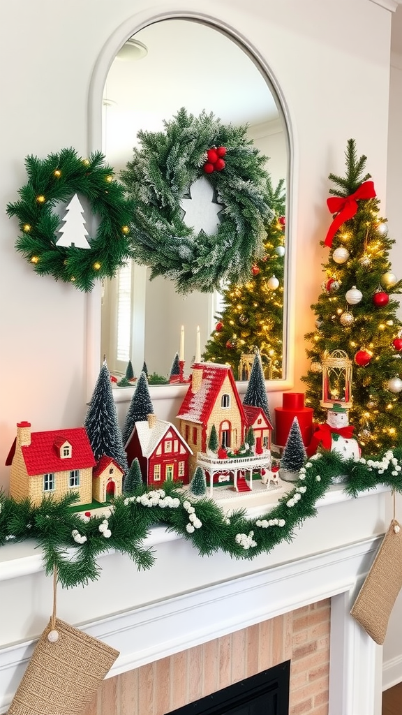 A festive holiday village displayed on a mantel, featuring small colorful houses, a wreath, a decorated Christmas tree, and stockings.