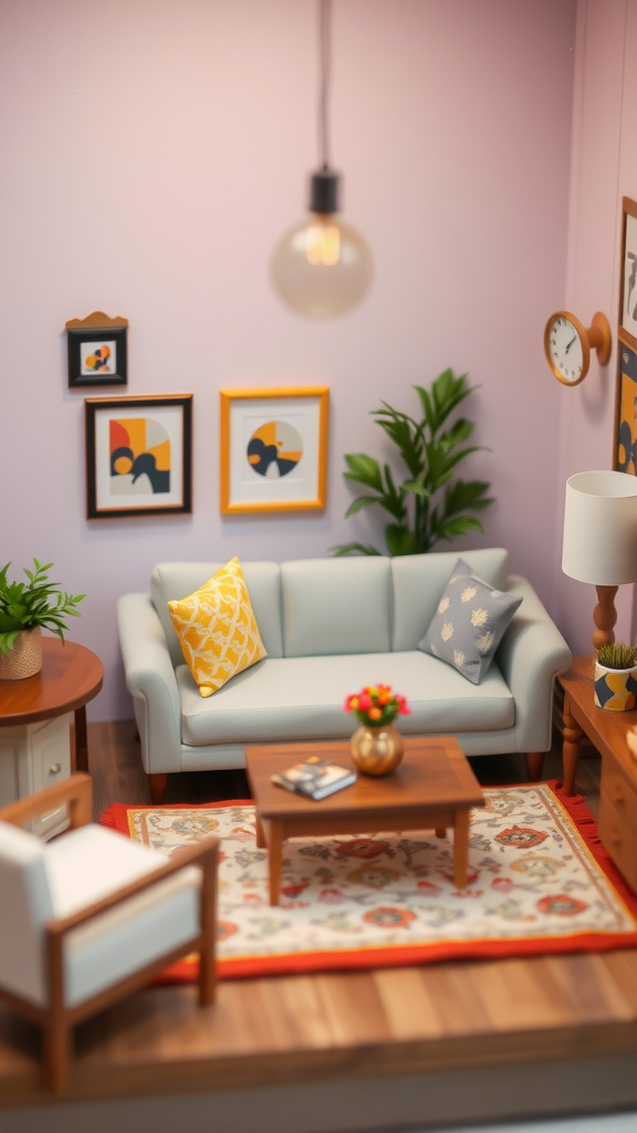 A cozy living room set featuring a light blue couch, a coffee table, decorative pillows, and wall art.