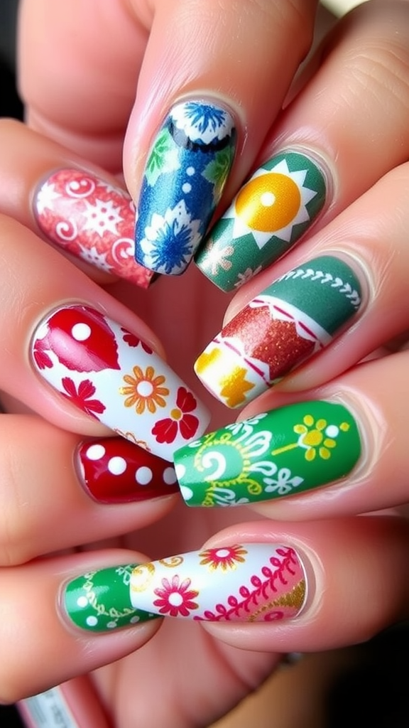 Colorful nail art featuring various patterns and designs.