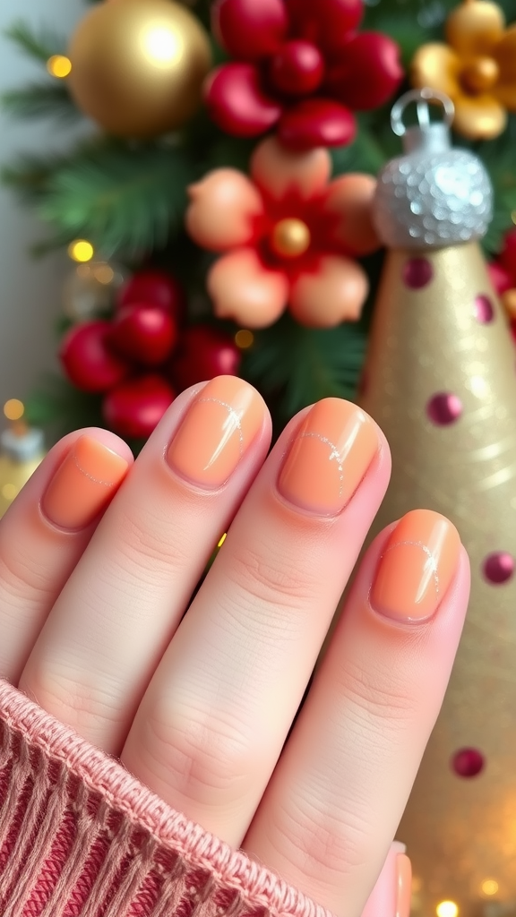 Close-up of a hand with peach nail polish featuring glitter stripes, surrounded by festive decorations.