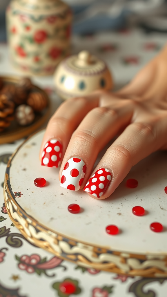 A hand with polka dot manicure featuring red and white dots on nails, placed on a decorative plate surrounded by small red beads.