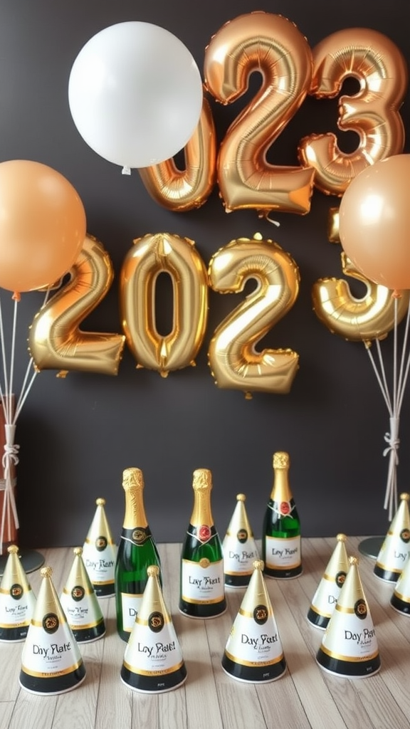 A festive New Year setup with champagne bottles and balloons.