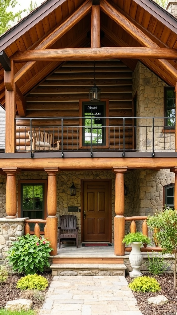 A rustic home with a stone and wood facade, featuring a welcoming porch and lush greenery