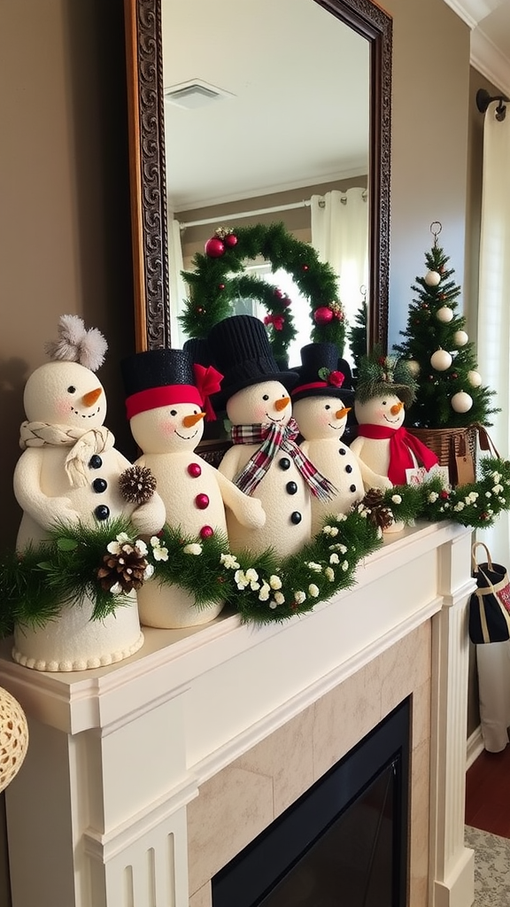 A collection of charming snowmen on a mantel, surrounded by garlands and holiday decor.