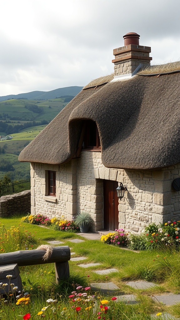 A charming stone cottage with a thatched roof surrounded by flowers and greenery.