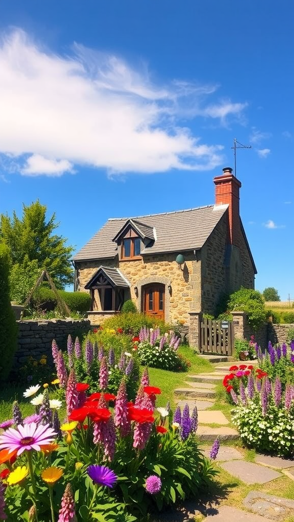 Charming stone cottage surrounded by vibrant wildflowers under a blue sky.