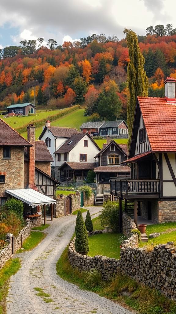 A picturesque village with cozy homes surrounded by colorful autumn trees.