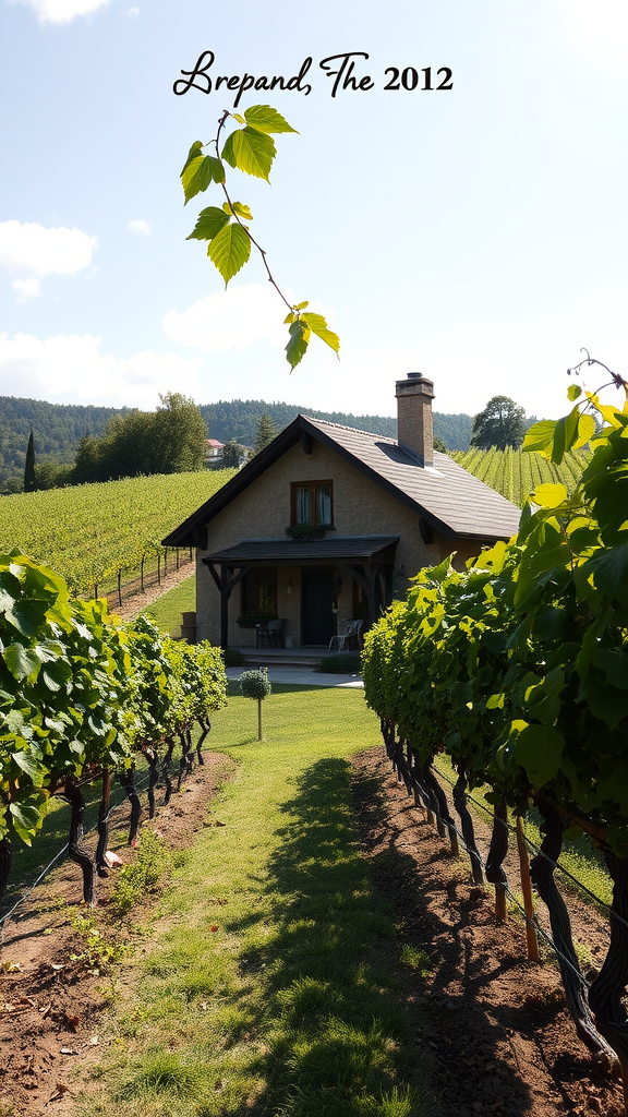 A picturesque vineyard with a house surrounded by grapevines under a clear blue sky.