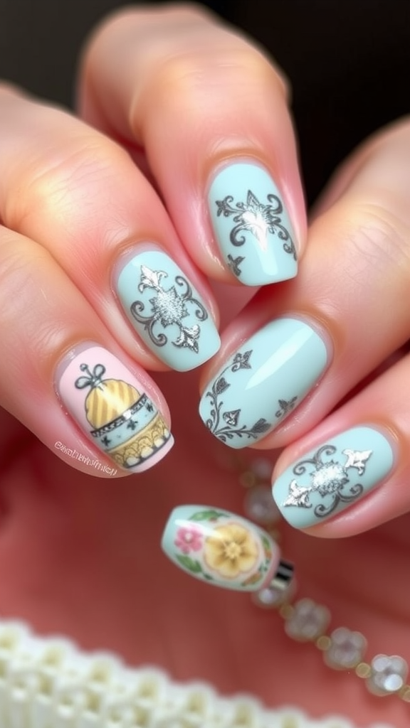 Close-up of beautifully decorated nails with vintage patterns in soft blue color