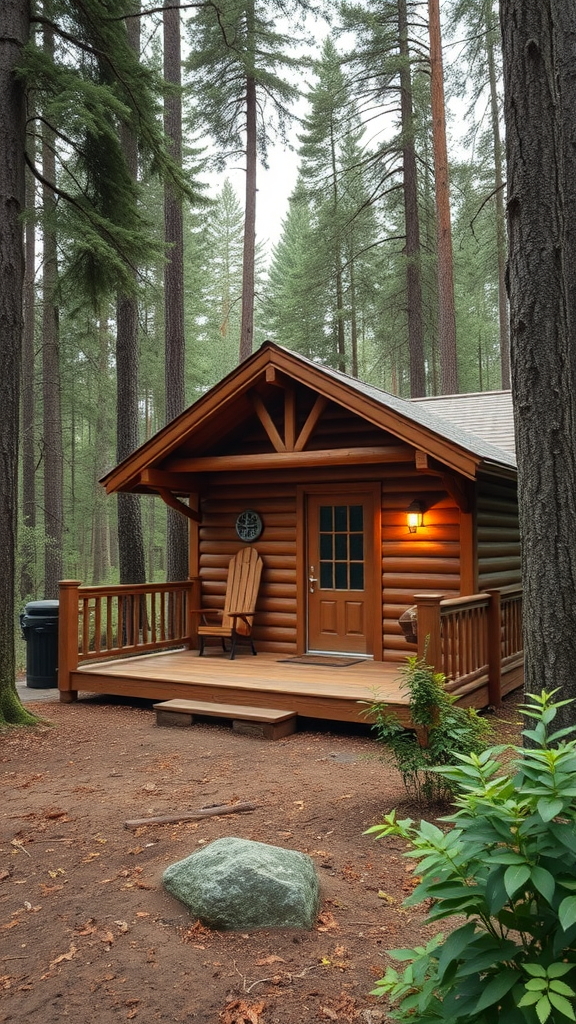 A charming wooden cabin nestled among tall trees in a serene woodland setting.