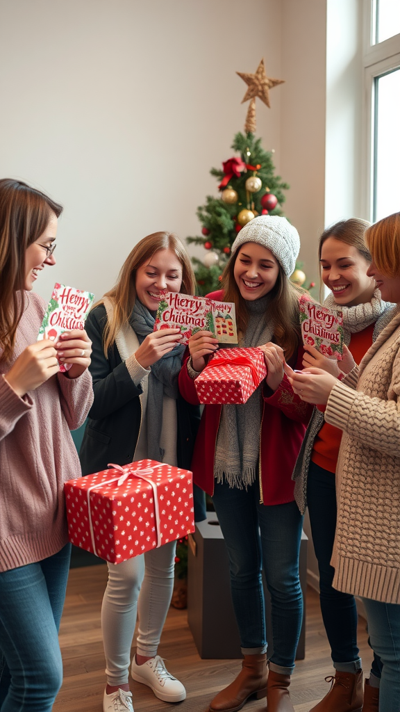 A group of friends celebrating Christmas, holding gifts and greeting cards by a festive tree.