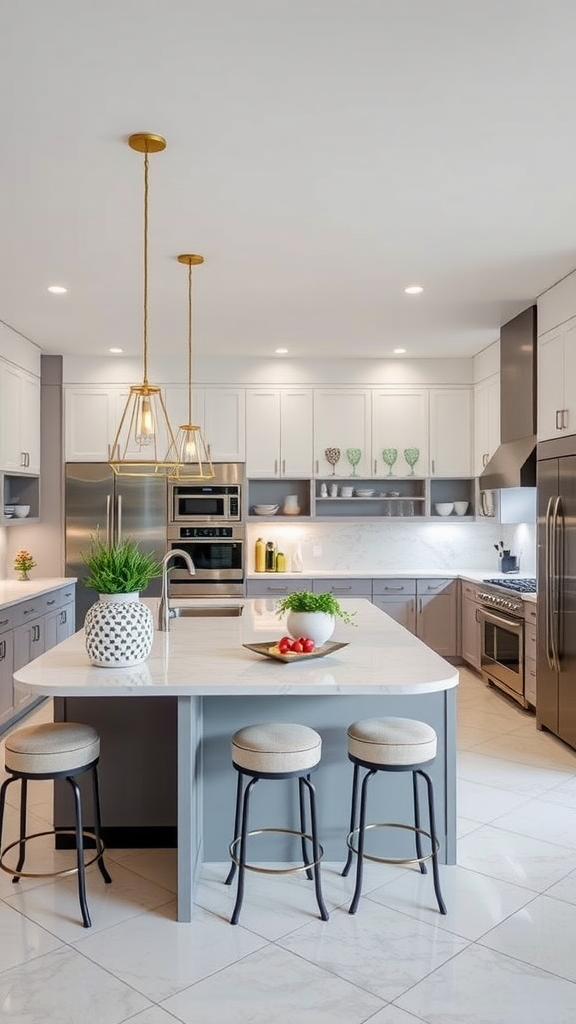 Modern kitchen with an island, featuring sleek cabinets and stylish lighting.