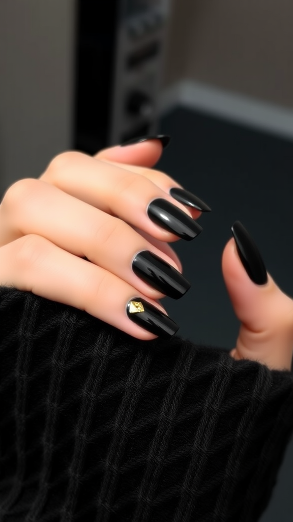 Chic black nails with gold accents against a dark background