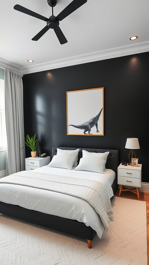 Stylish bedroom with black walls and white bedding featuring dinosaur art