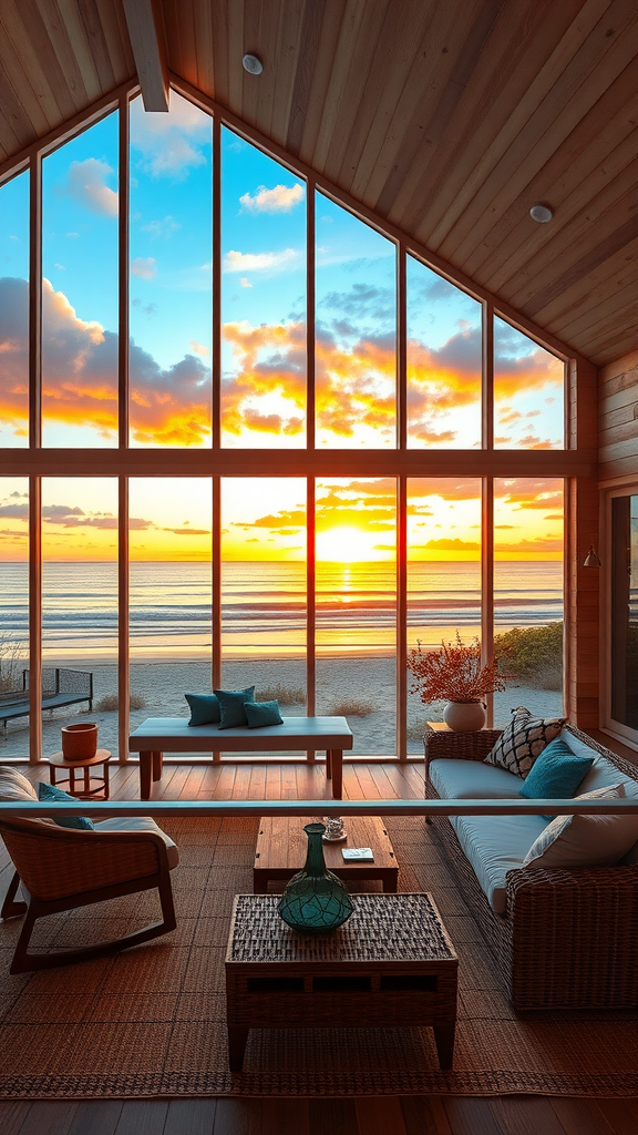 A stylish coastal living room with large windows overlooking a sunset at the beach.