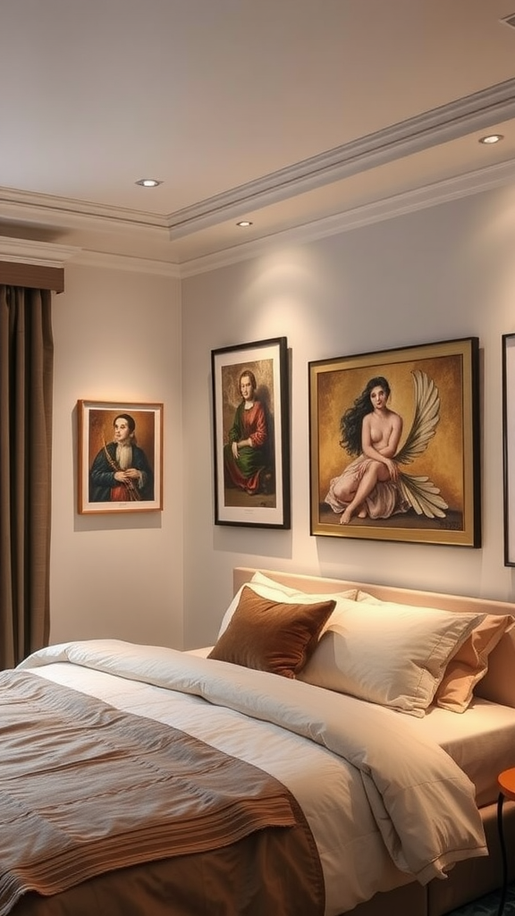 Stylish bedroom with art pieces and soft lighting