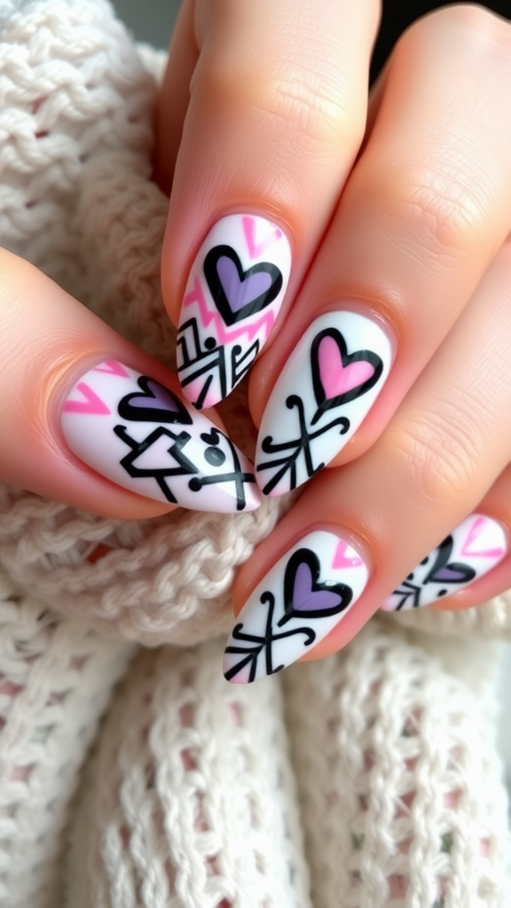 Close-up of beautifully designed nails featuring geometric heart patterns in pink, black, and white.