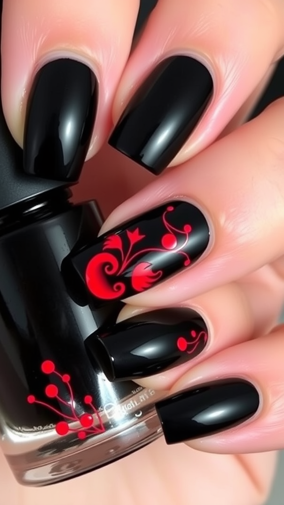 Nail design featuring glossy black polish with red patterns.