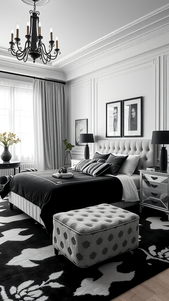 A stylish monochrome bedroom featuring a black and white color scheme with a plush bed, patterned rug, and elegant chandelier.
