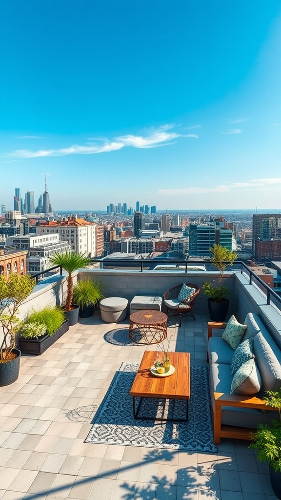 A chic rooftop deck with comfortable seating and a view of the city skyline.