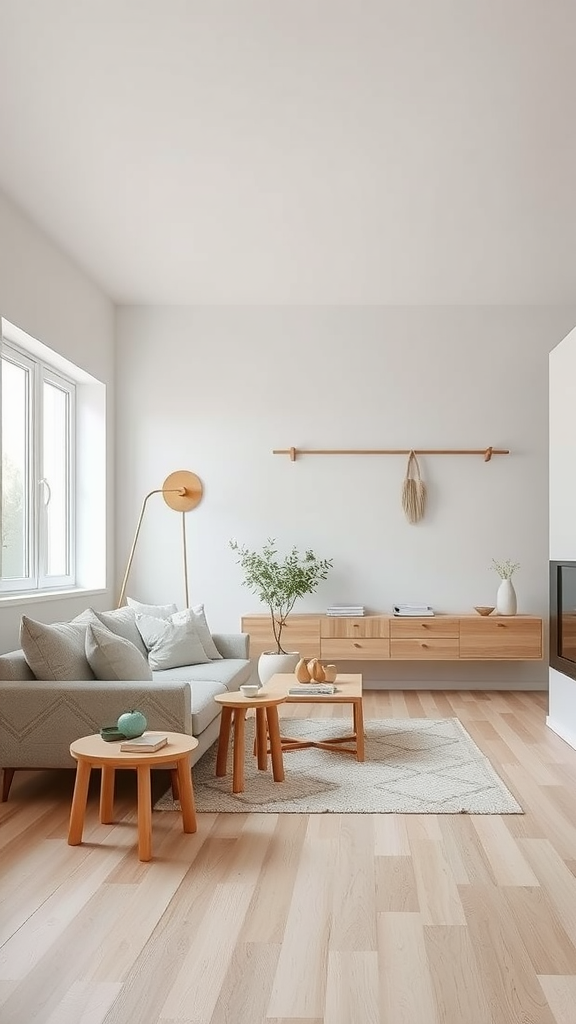 A cozy Scandinavian living room featuring a light color palette, wooden furniture, and soft textiles.