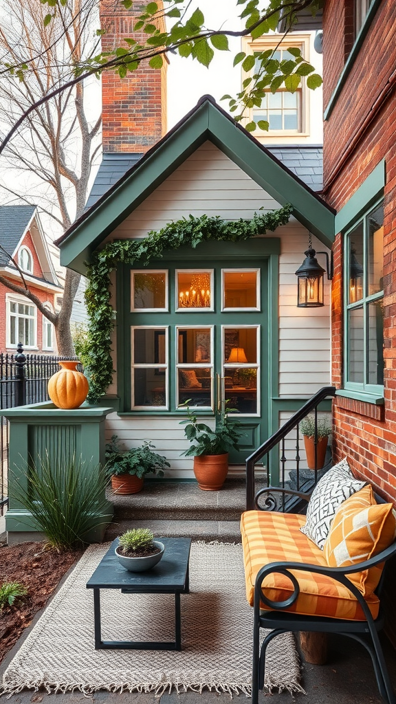 Chic urban cottage with plants, a porch, and cozy seating.