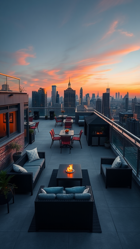 Chic urban rooftop deck with seating and a city skyline view at sunset.